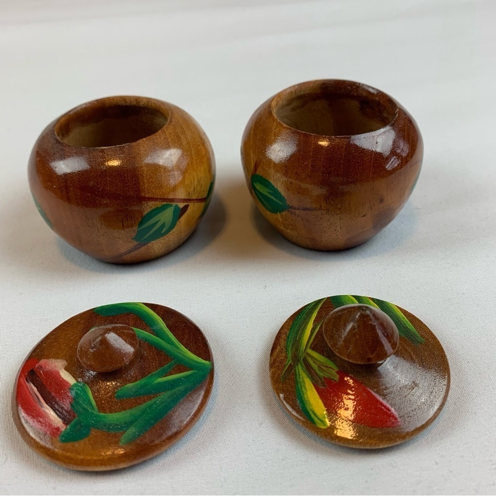 (2) Decorative Hand-Carved/Painted Turned Wood Bowls w/ Finial Knob Lids - Picture 2 of 10